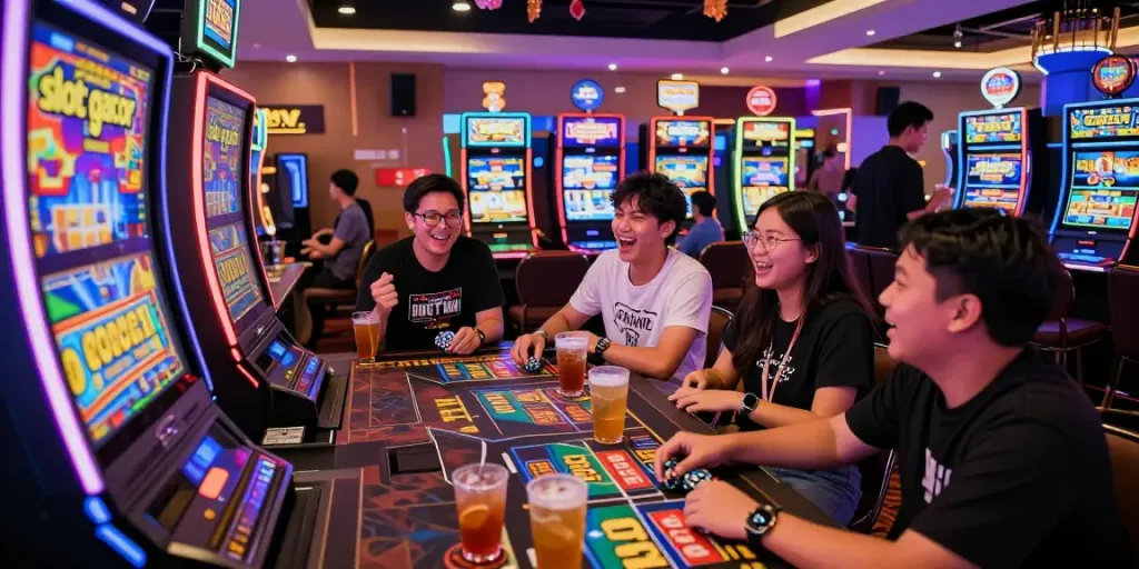 Excited friends enjoying slot gacor at a vibrant casino with colorful designs.