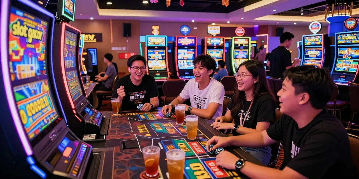 Excited friends enjoying slot gacor at a vibrant casino with colorful designs.
