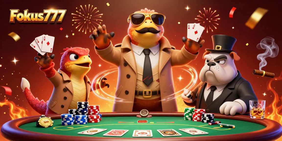 Fokus777 raptors attempting casino entry amidst poker elements and vibrant celebrations