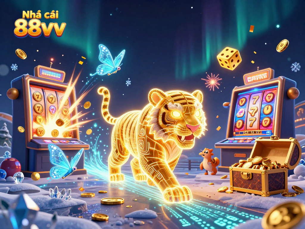 Engage in thrilling gameplay with Nhà cái 88vv featuring a golden tiger in a dynamic casino scene.