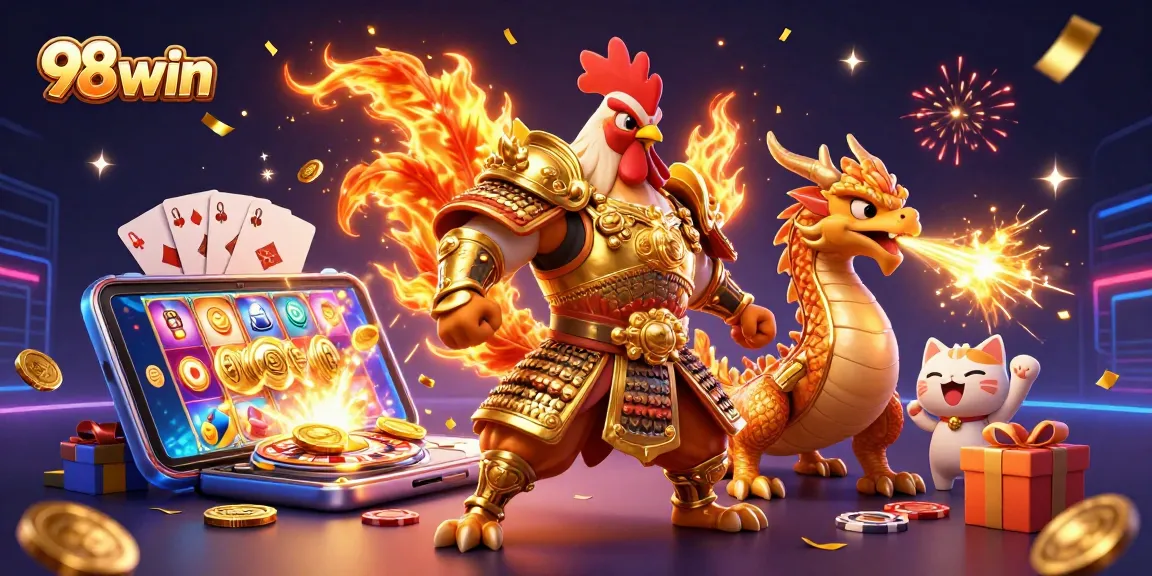 Engage with the thrilling experience of 98win casino featuring a fighting rooster and dragon amidst exciting gaming elements.