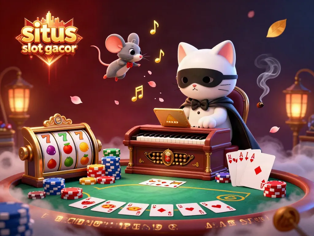 Experience the excitement of situs slot gacor with a vibrant scene featuring cartoon characters, slot reels, and casino elements.
