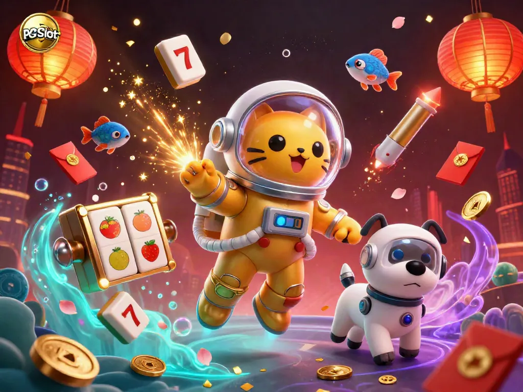 Experience the excitement of PG Slot with our vibrant 3D illustration showcasing dynamic game elements and cosmic characters.