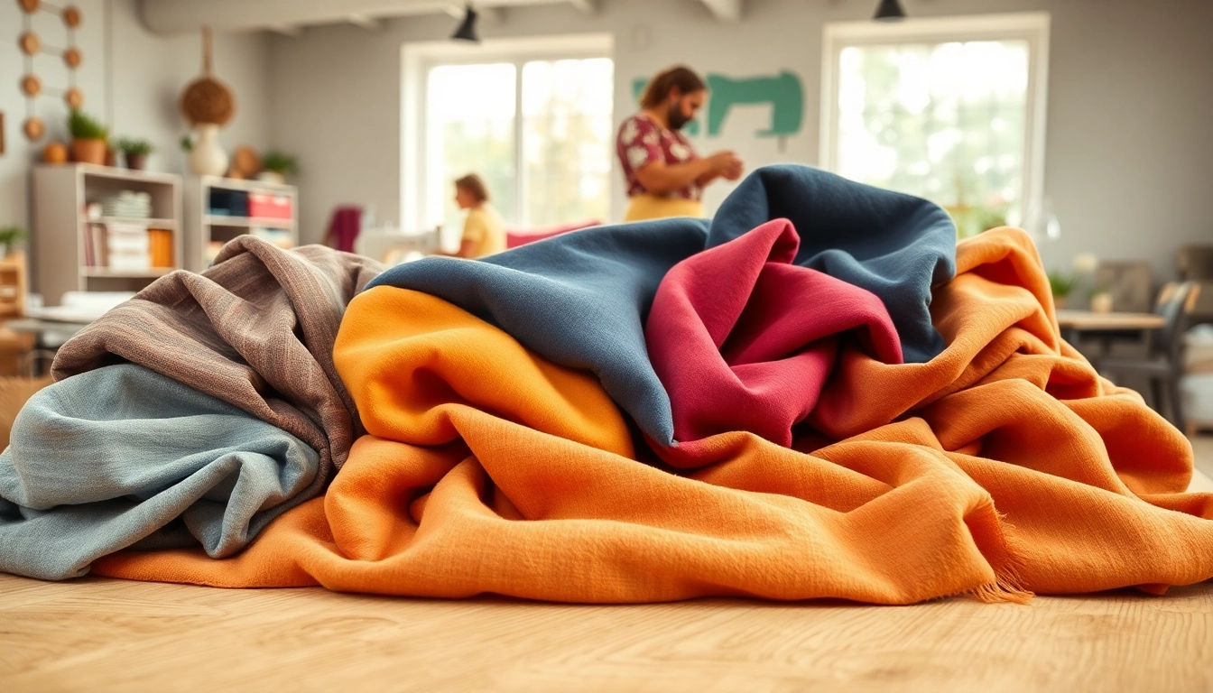 Explore stoffen online with vibrant fabrics showcased in a creative sewing setup.