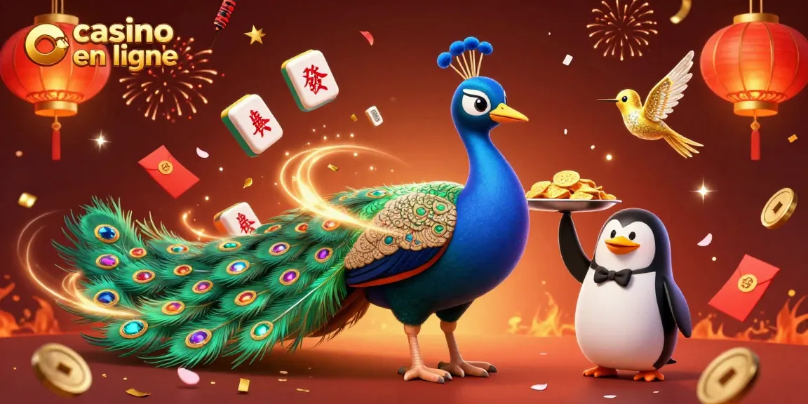 Jouez au casino en ligne avec ce magnifique paon et ses joyaux alors que des éléments de jeux flottent autour.