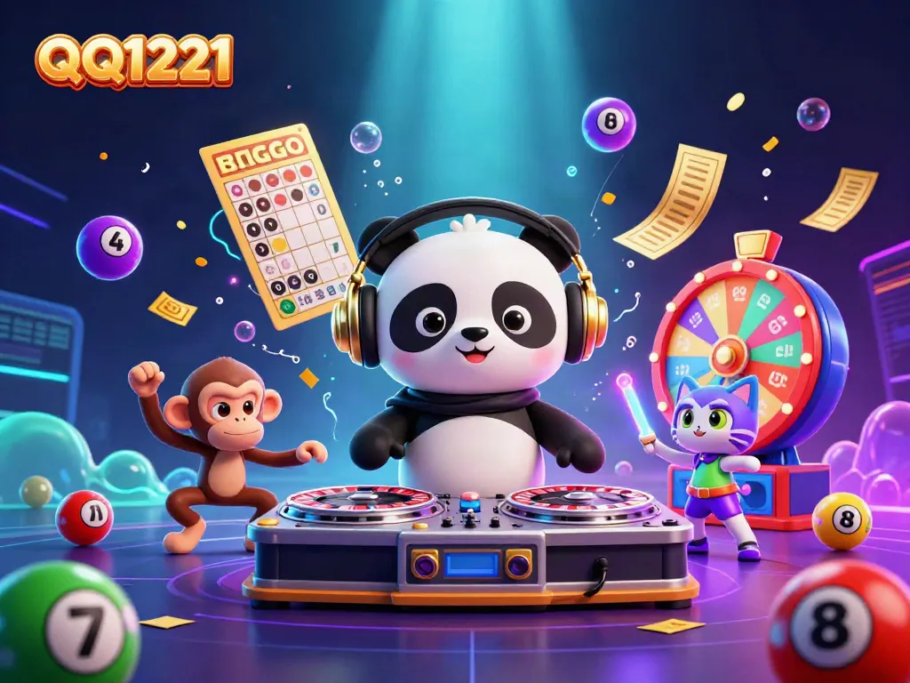 Experience the thrills of QQ1221 in a vibrant 3D scene filled with dancing characters and casino elements.