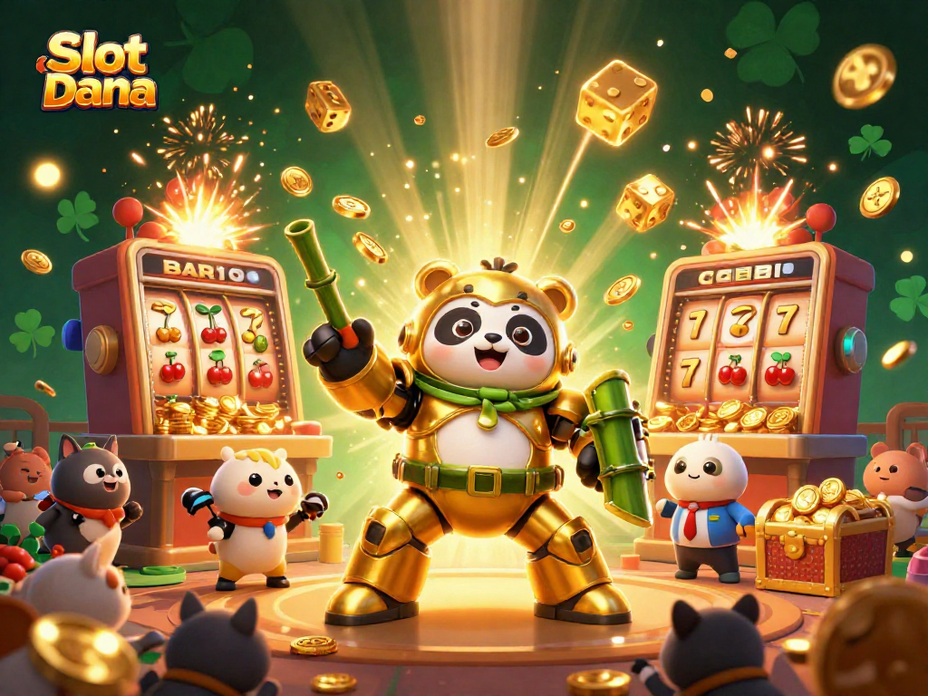 Slot Dana menampilkan panda emas dalam robot piloting, merayakan jackpot slot dengan simbol berwarna-warni.