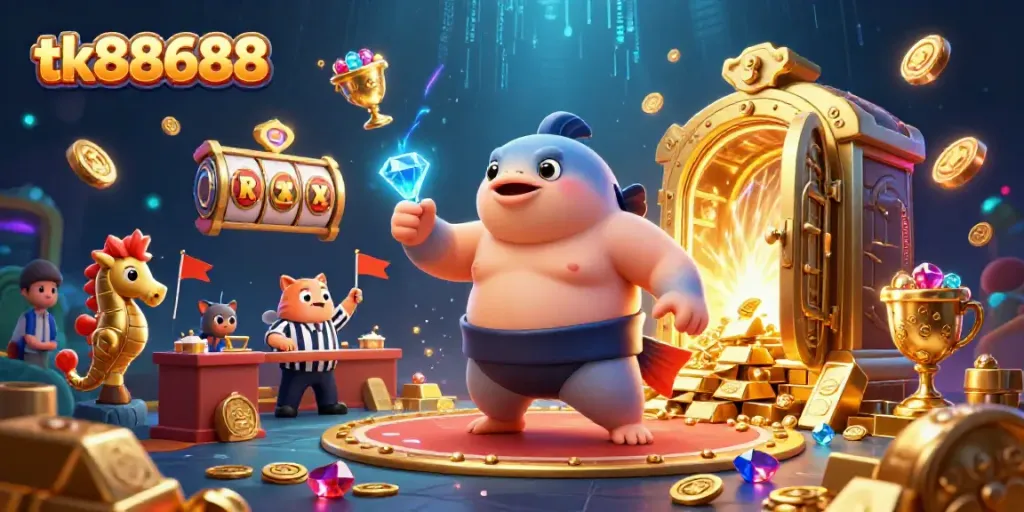 tk88688 underwater casino scene showcasing a fugu in a sumo belt, surrounded by treasures and gaming elements