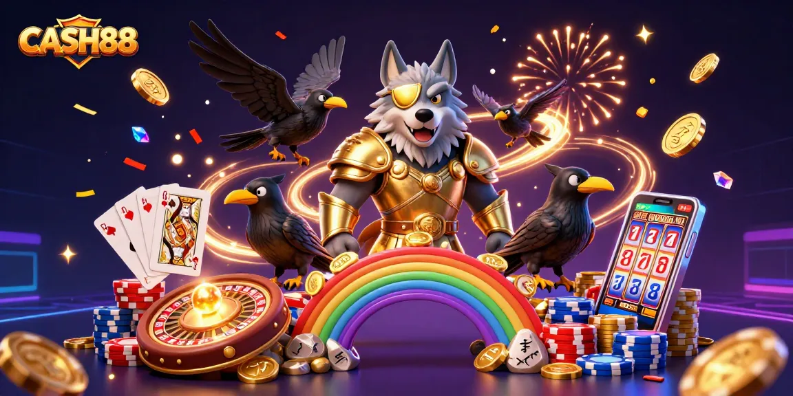 CASH88 offers an exciting gaming experience with Odin and his ravens amidst vibrant casino elements.