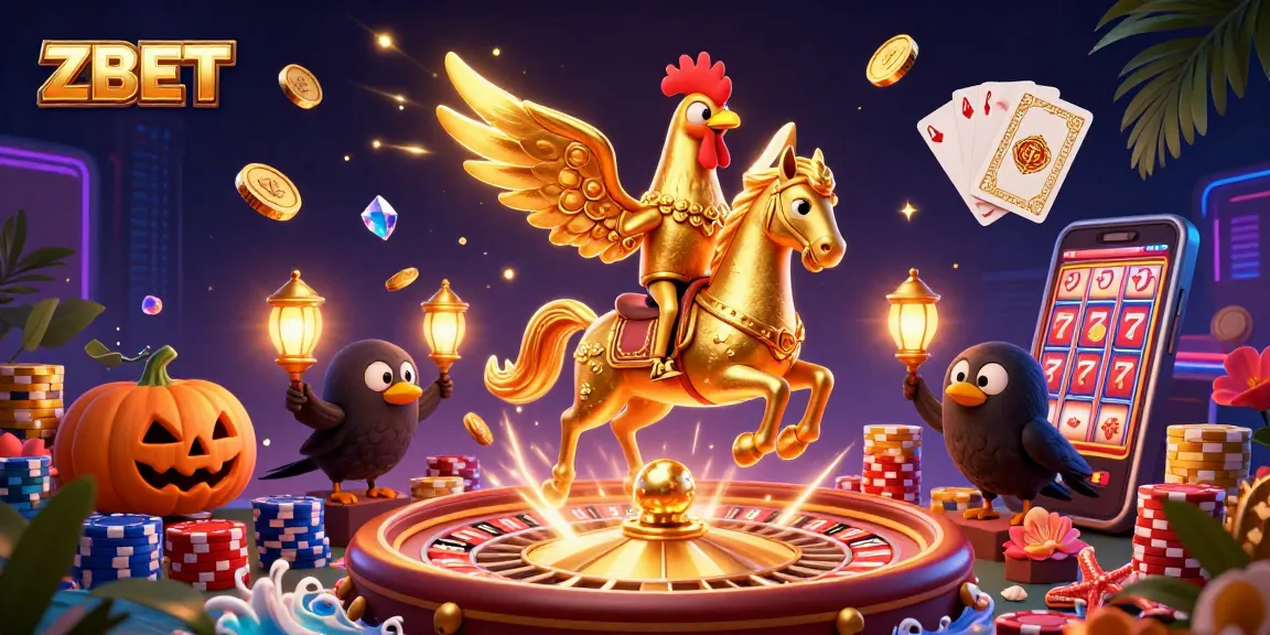 ZBET brings thrilling action with a golden rooster in a casino, surrounded by vibrant game elements.