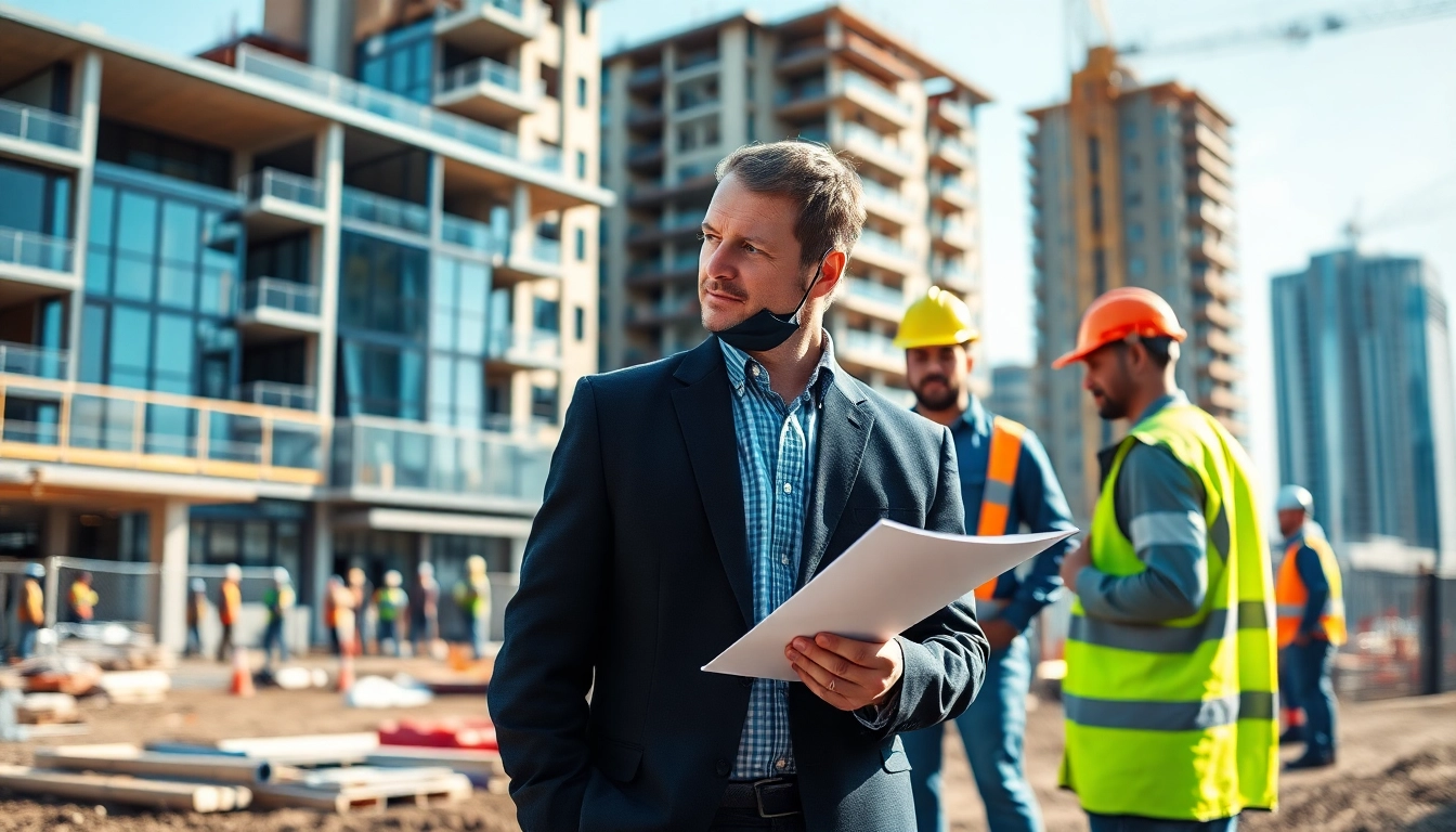 New Jersey Construction Manager supervising a construction site with workers collaborating.