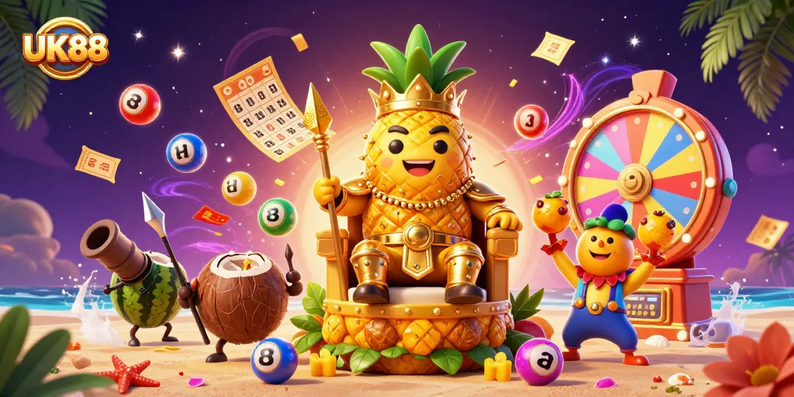 Experience the vibrant world of UK88 with a golden pineapple king at a colorful casino scene, showcasing excitement and fun!