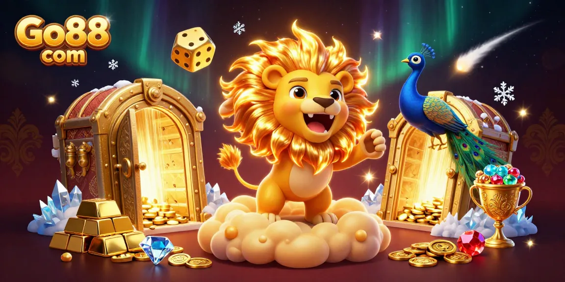 Win big at Go88 com surrounded by golden treasures and vibrant gaming elements in a digital casino setting.