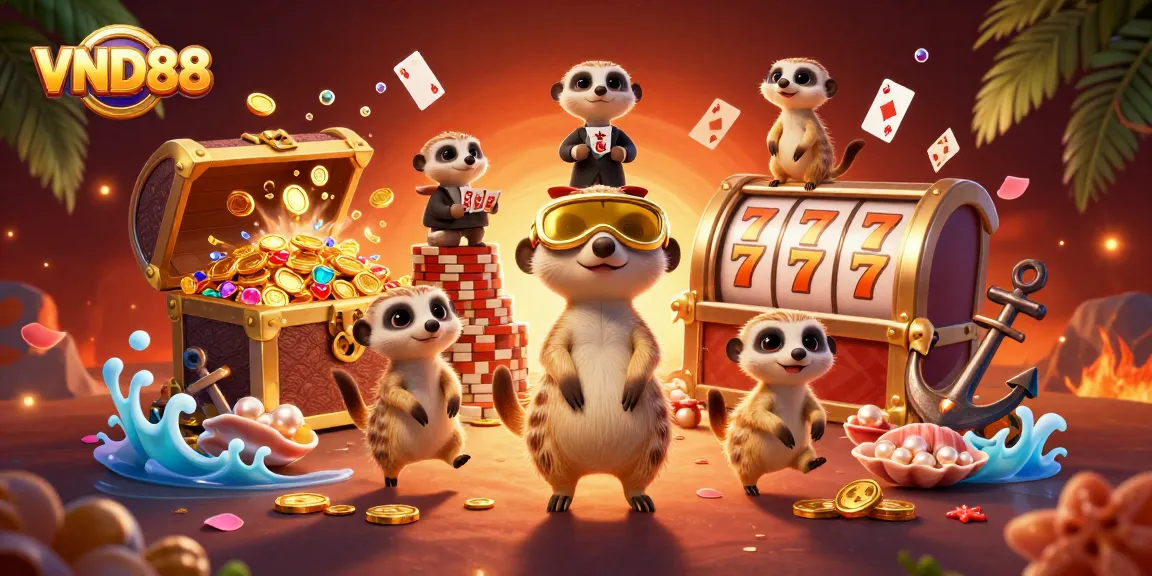 Experience the excitement of VND88 as meerkats manage a colorful casino with spinning slot reels and gold coins.