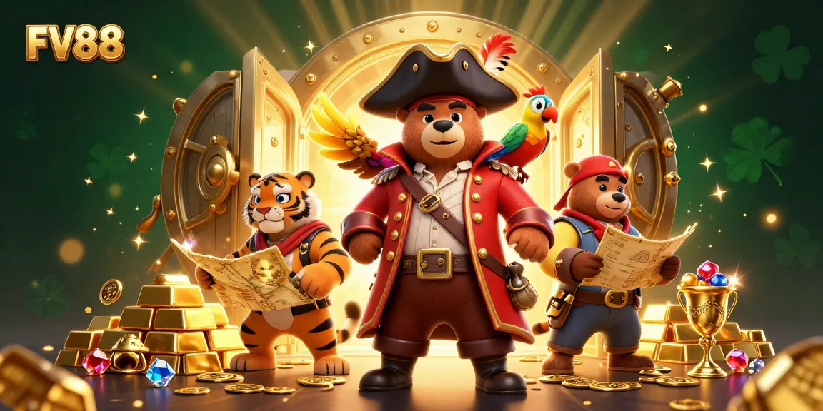 Hit the jackpot with FV88 in this lively casino-themed scene featuring vibrant treasures.