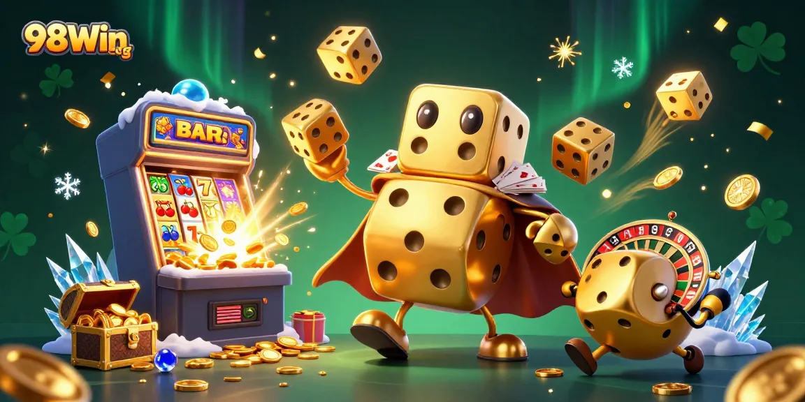 Experience winning excitement at 98Win org with dynamic 3D casino illustration filled with jackpots and games!