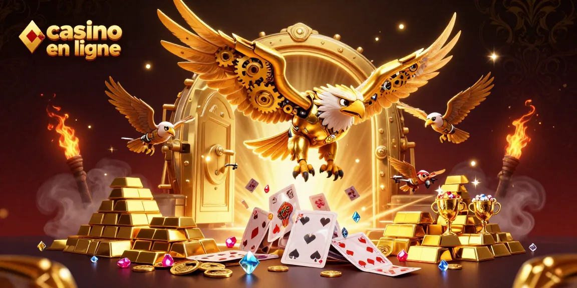 Volez avec un aigle cybernétique dans l'univers du casino en ligne rempli de trésors et de cartes.