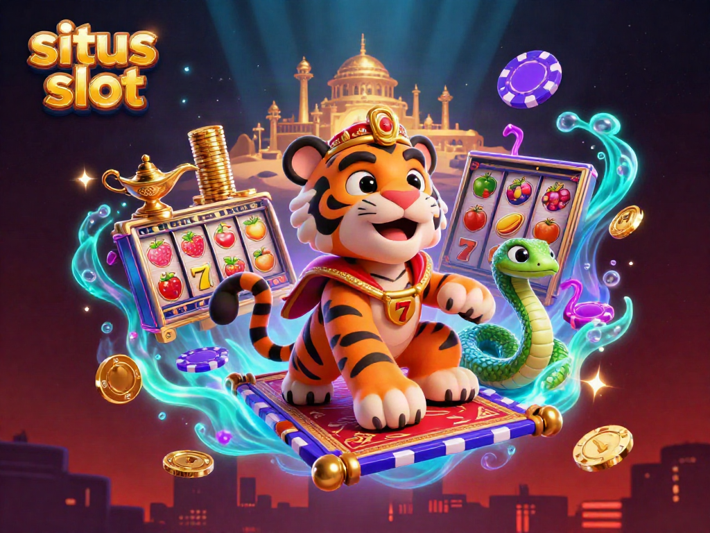 Slot online terkemuka dengan sultan harimau dan simbol buah, menampilkan suasana kasino.