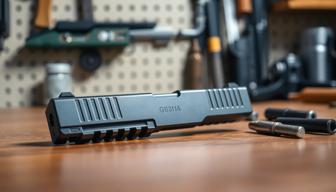 Showcasing an OEM Glock 26 slide on a refined surface to highlight its intricate design.