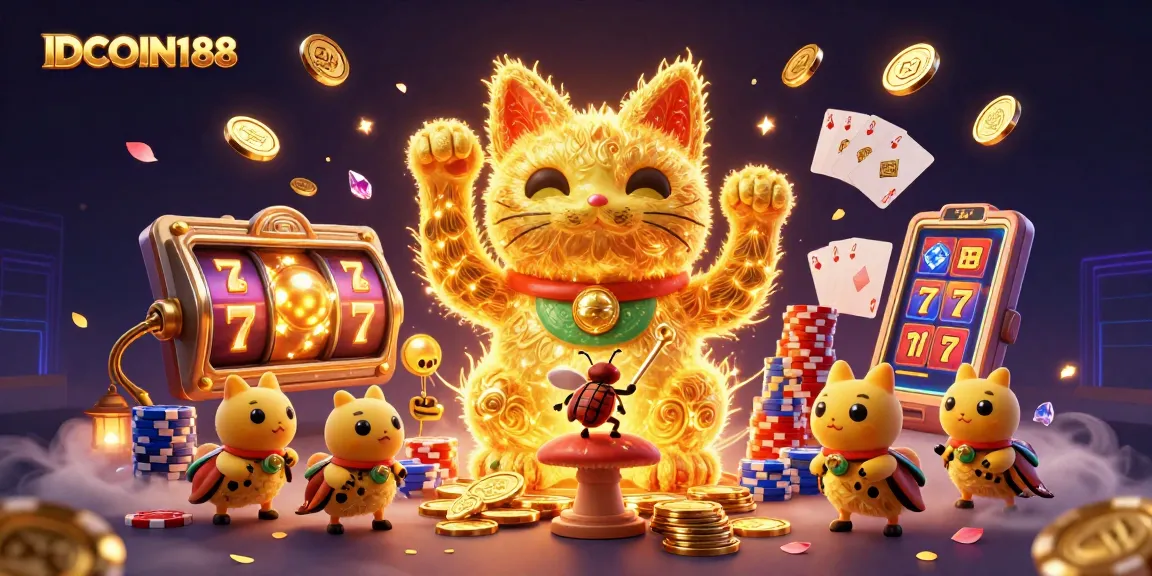 IDCOIN188 showcases a giant lucky cat amidst sparkling casino elements and joyful gameplay.