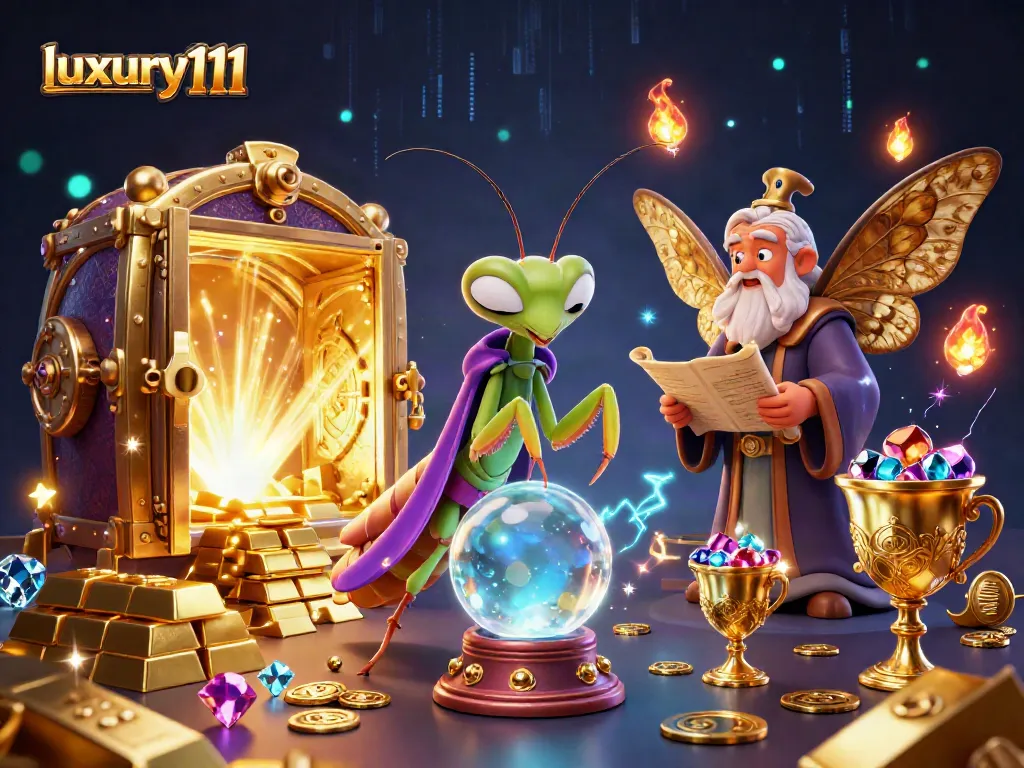 Engage with luxury111's rich gaming world through an ultra-detailed 3D illustration showcasing fortune teller and treasures.