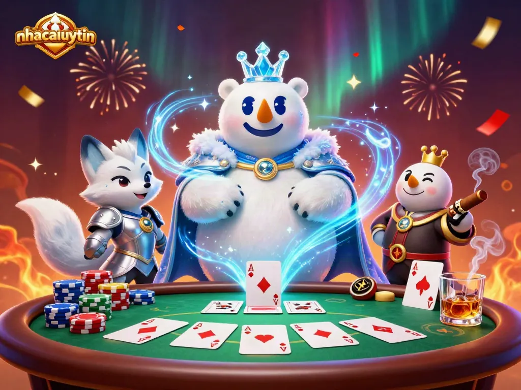 Engage in the vibrant world of nhacaiuytin as a cartoon ice king and armored fox play poker amidst colorful chips and festive confetti.