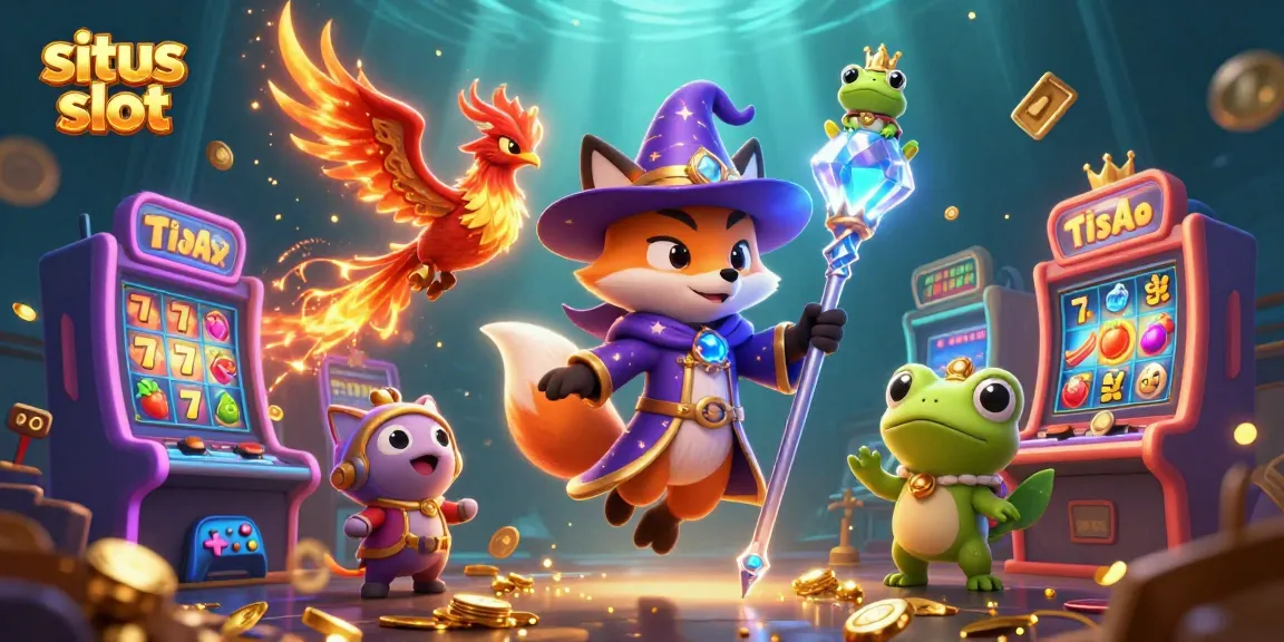 Experience the excitement of situs slot with a mystical wizard fox and vibrant slot machines illuminating the scene.