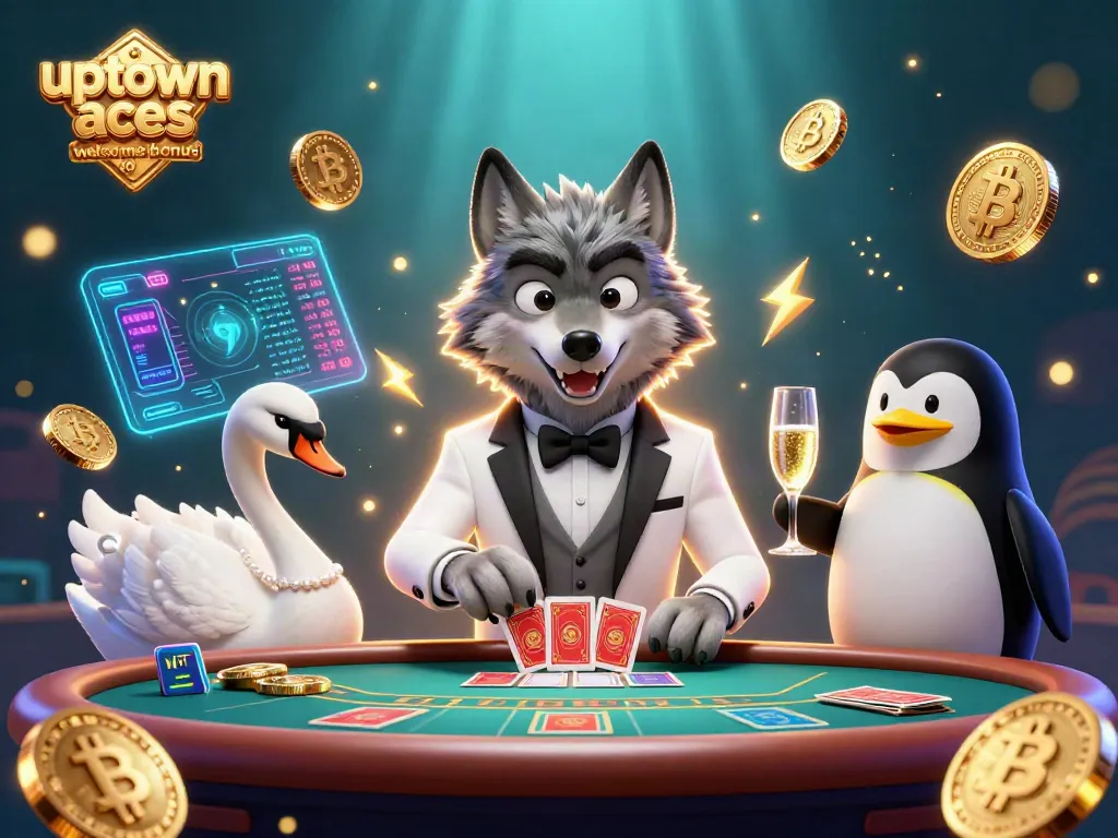 Experience the excitement of uptown aces welcome bonus no deposit as the wolf, swan, and penguin celebrate with cards and champagne.
