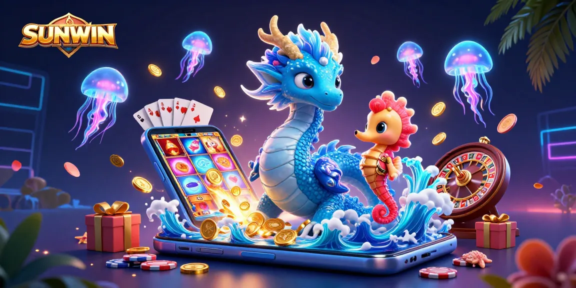 SUNWIN casino gaming scene featuring a water dragon, seahorse knight, and slot game smartphone.