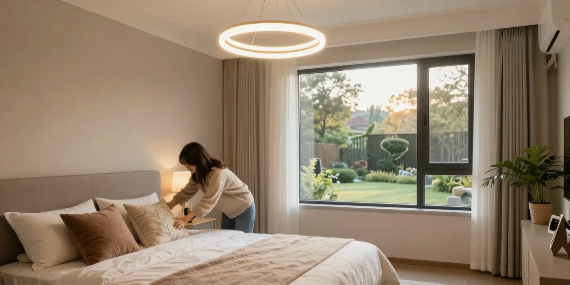 Lustra dormitor modernă iluminând un interior confortabil cu atmosferă primitoare.