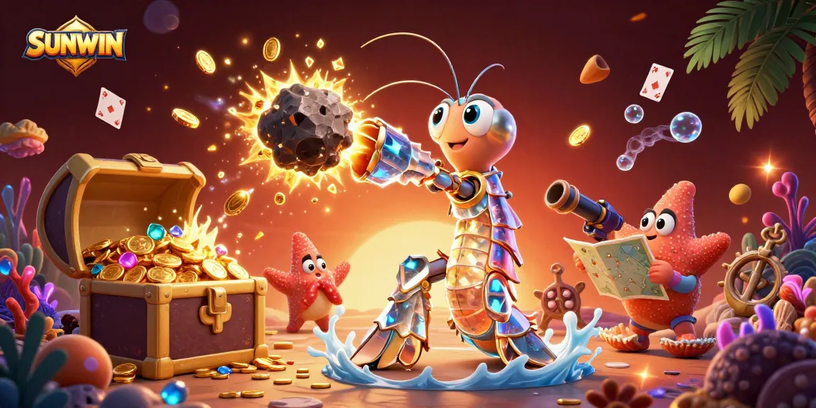 SUNWIN's galactic samurai mantis shrimp battles asteroids, revealing treasures in an exhilarating underwater scene.