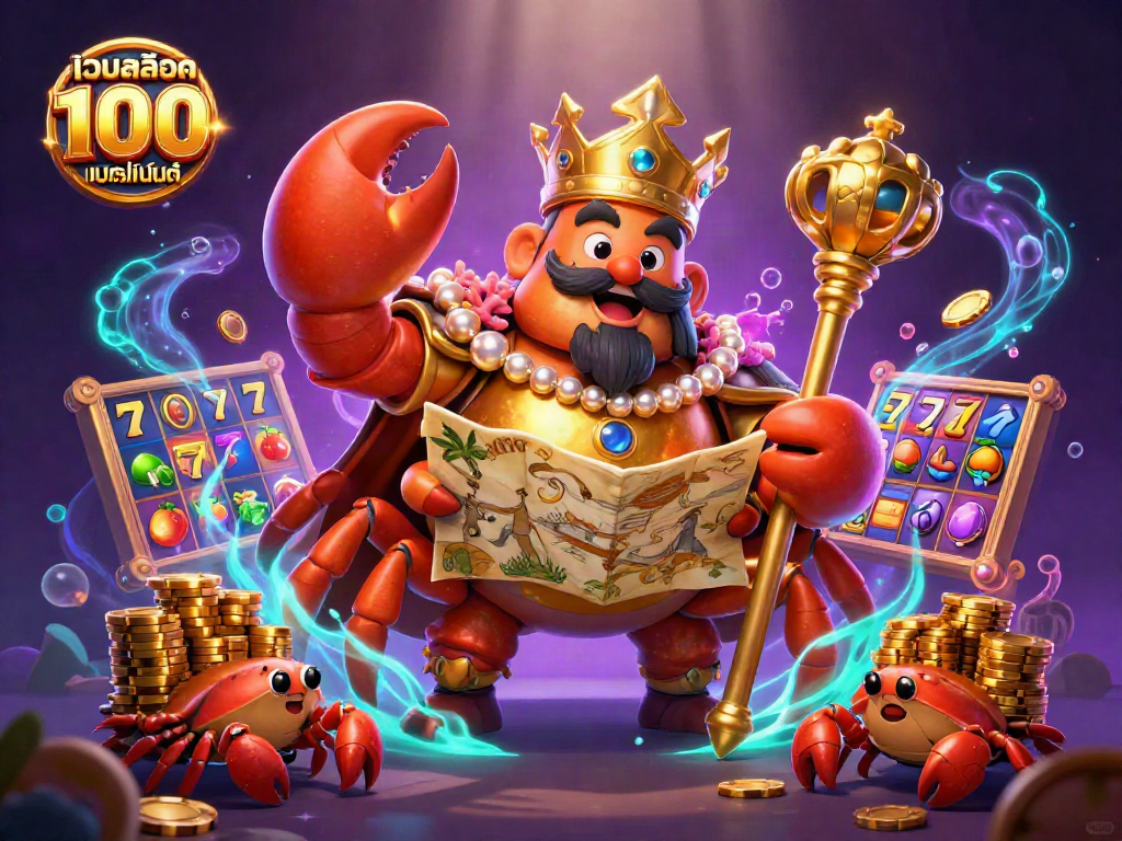 Experience เว็บสล็อต แท้ 100 เปอร์เซ็นต์ with a vibrant 3D scene of a golden crab emperor amidst spinning slot reels and lucky symbols.