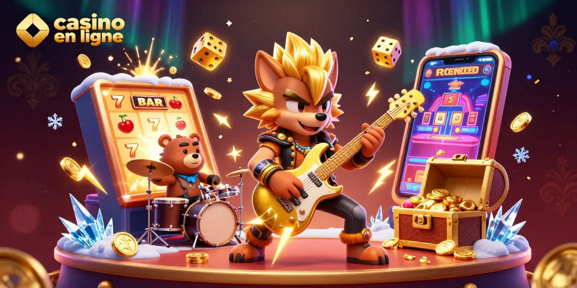 Des personnages animés et des éléments de jeu se réunissent dans un casino en ligne festif.