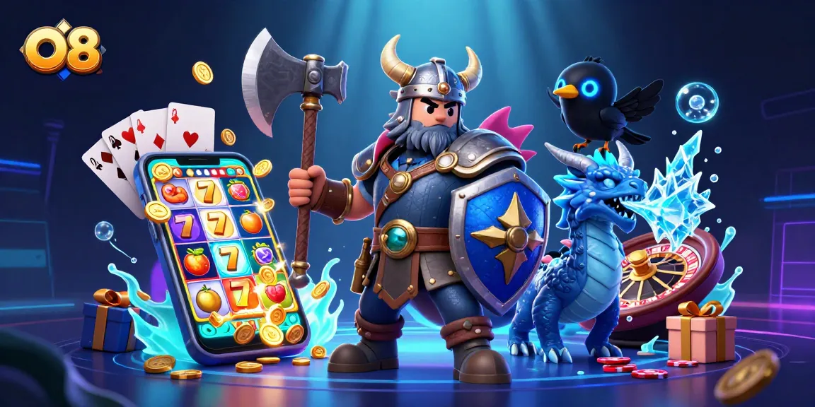 O8 immersive casino illustration featuring a Viking wolf warrior among dynamic slot game elements.