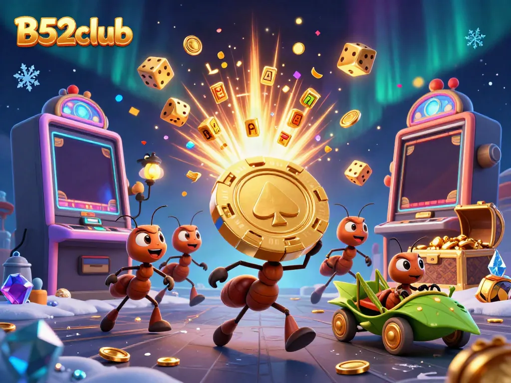 Engage with B52club's thrilling heist scene featuring playful ants and golden poker chips amidst casino excitement.