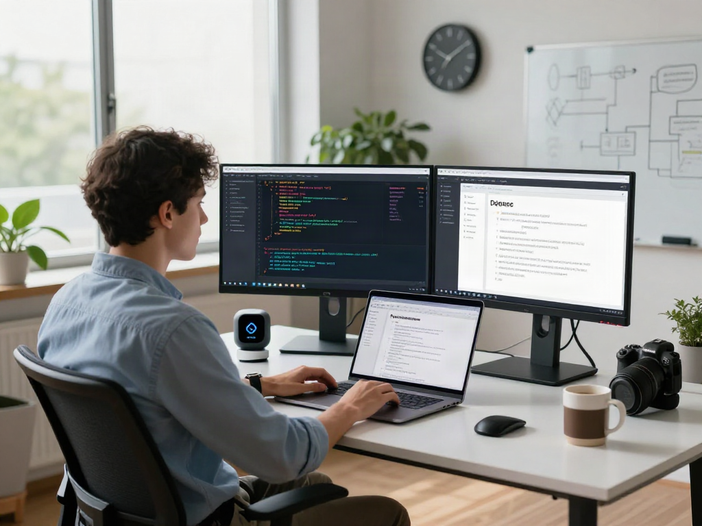Modern workspace with document fraud detection software on dual monitors, showcasing code and UI design.