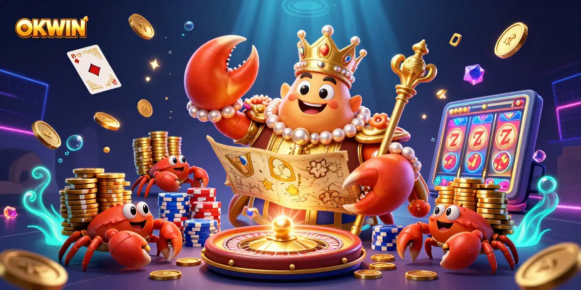 Win big with OKWIN’s golden crab emperor leading a vibrant casino scene filled with treasures.