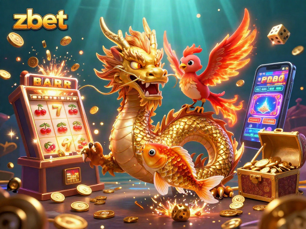 Engage with zbet's dynamic gaming experience featuring a golden dragon, phoenix, and koi fish amidst a jackpot explosion.