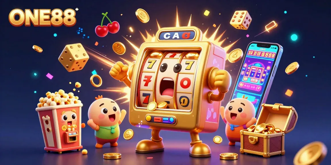 Experience the excitement of ONE88 with a dynamic golden slot machine bursting with jackpots and cheering companions.