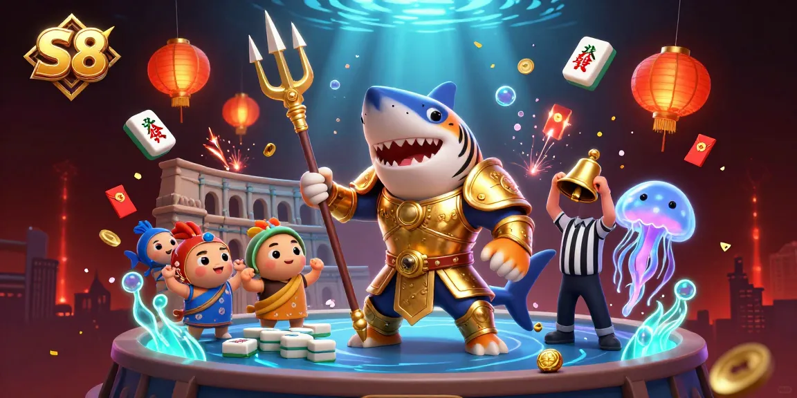 S8 casino illustration with a tiger shark in gladiator armor and aquatic game elements, enhancing gambling excitement.