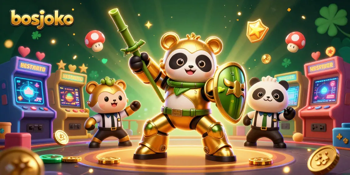 Menghadapi keseruan permainan bosjoko, panda emas dalam kostum mech melawan robot bertema bambu dengan simbol keberuntungan dan kemewahan.