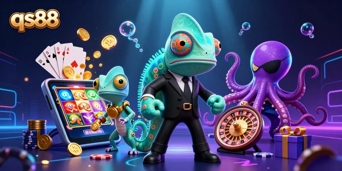 qs88 spins vibrant slots with a colorful smartphone in a lively casino scene featuring a secret agent, gecko and octopus.