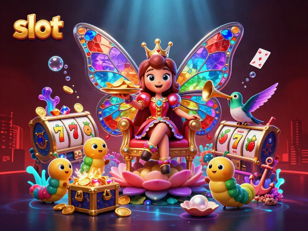 Experience the thrill of slots with a vibrant butterfly queen alongside lush casino elements.