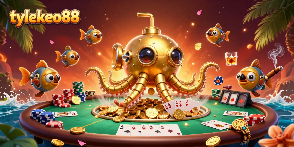 Join the thrill of tylekeo88 with a dynamic scene of a golden kraken submarine and poker elements.