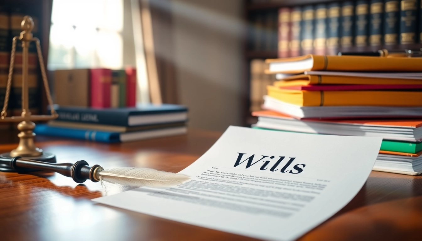 Creating Wills on a polished desk with legal documents and warm light.