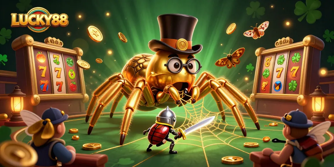 LUCKY88 showcases a thrilling jackpot scene with golden tarantula, beetle knight, and spinning slot reels.