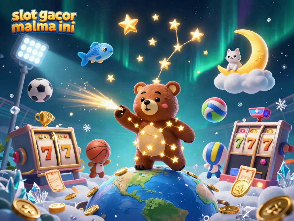 Experience the thrill of slot gacor malma ini with a lively constellation-themed 3D scene filled with slots and coins.