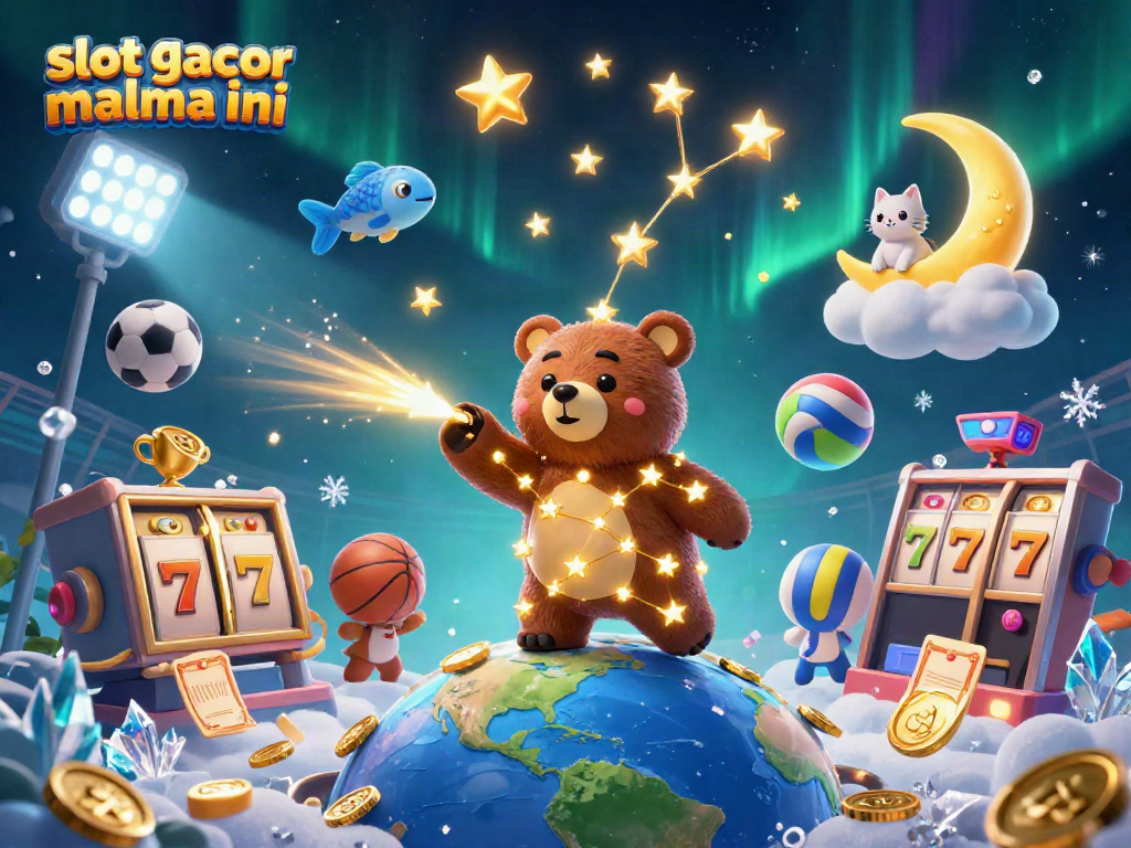 Experience the thrill of slot gacor malma ini with a lively constellation-themed 3D scene filled with slots and coins.