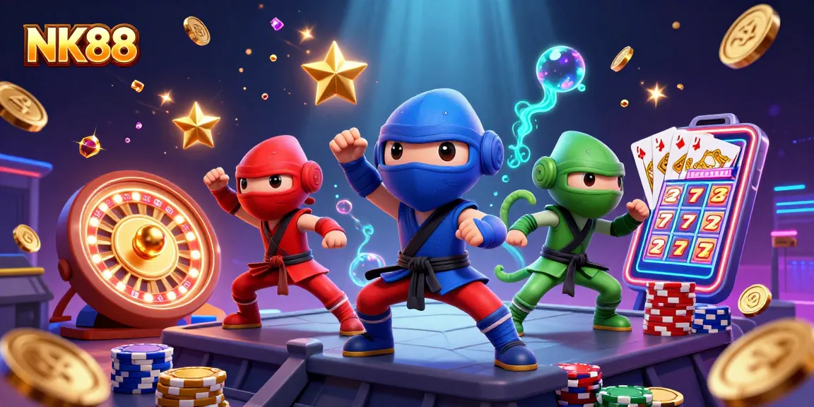 Ninja chameleons perform martial arts as NK88 casino elements burst around them, symbolizing gaming excitement.