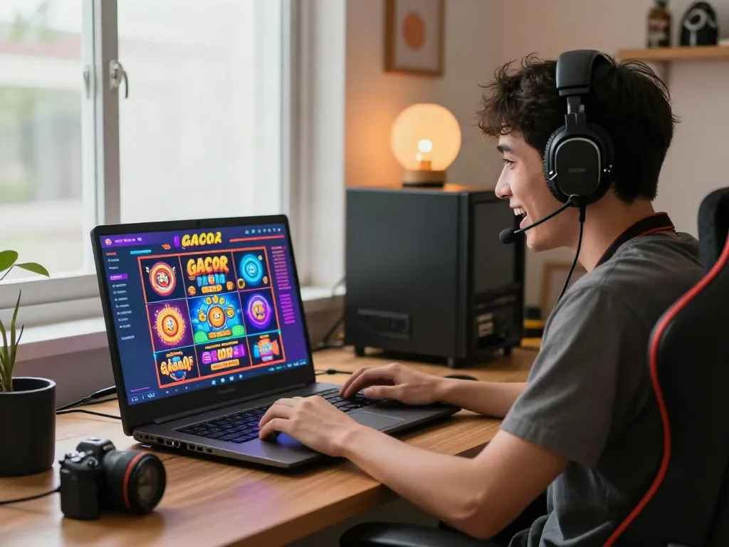 Excited gamer enjoying slot gacor games on a laptop in a cozy setting.